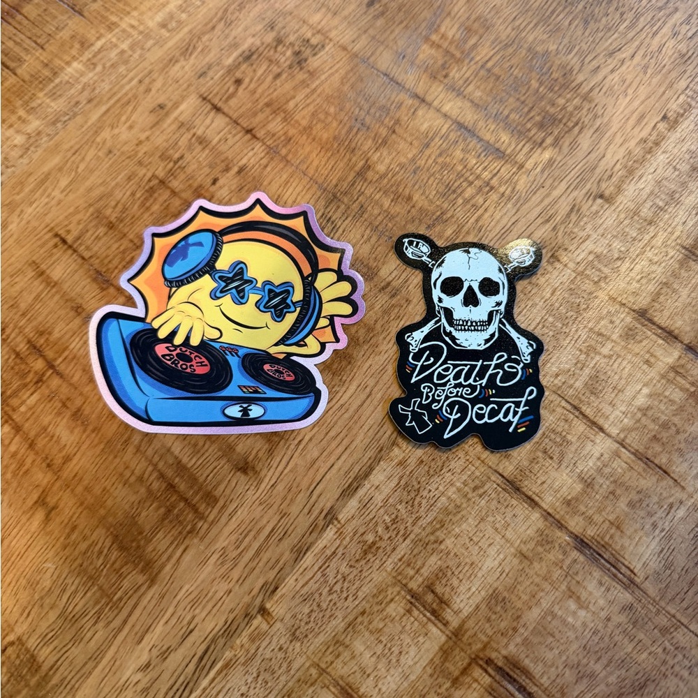 Dutch Bros Vibrant DJ and Skull Stickers